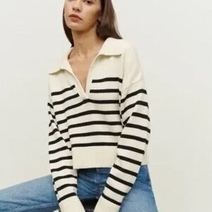 Reformation Francesco Cotton Polo Sweater in Gossamer/Black Stripe